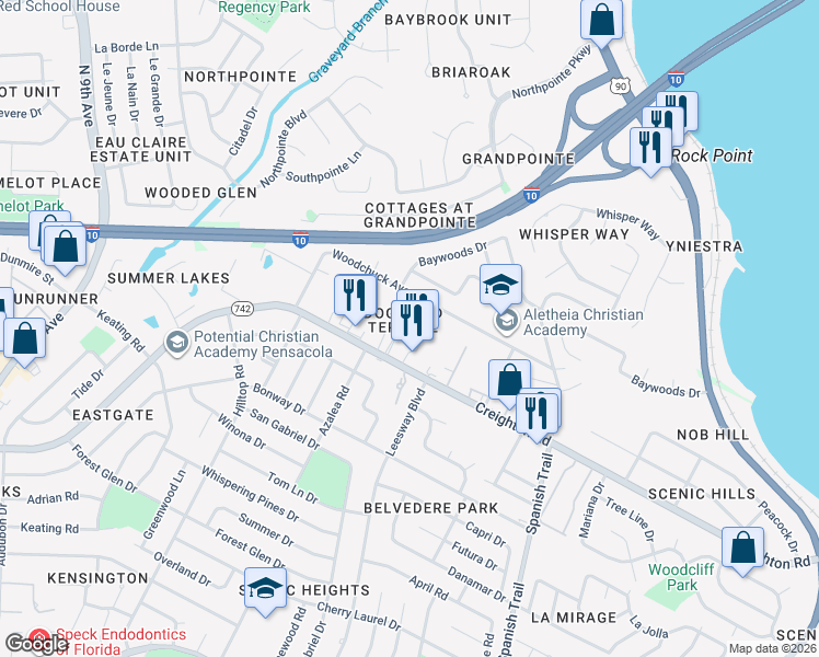 map of restaurants, bars, coffee shops, grocery stores, and more near 7225 Dogwood Terrace Drive in Pensacola