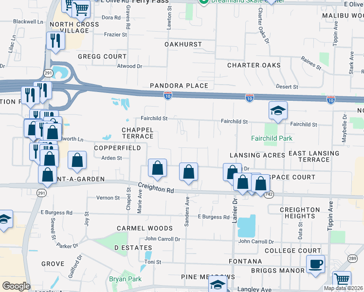 map of restaurants, bars, coffee shops, grocery stores, and more near 1490 Lansing Drive in Pensacola