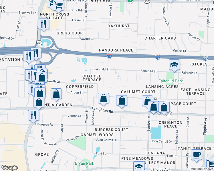 map of restaurants, bars, coffee shops, grocery stores, and more near 1300 Fairchild Street in Pensacola