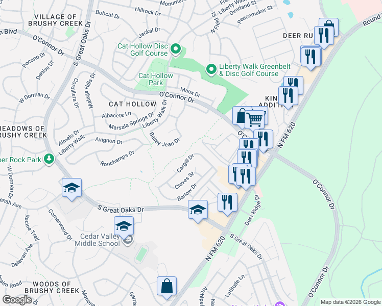 map of restaurants, bars, coffee shops, grocery stores, and more near 4026 Cargill Drive in Round Rock