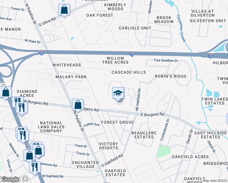 map of restaurants, bars, coffee shops, grocery stores, and more near 150 East Burgess Road in Pensacola