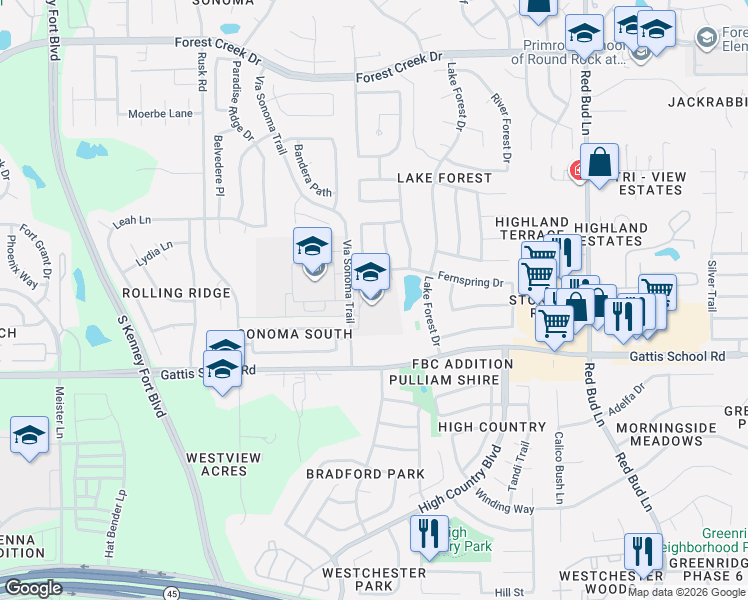 map of restaurants, bars, coffee shops, grocery stores, and more near 2005 Via Sonoma Trail in Round Rock