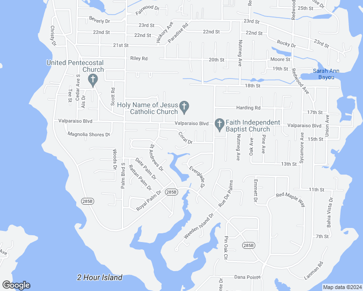 map of restaurants, bars, coffee shops, grocery stores, and more near 603 Bayou Lane in Niceville