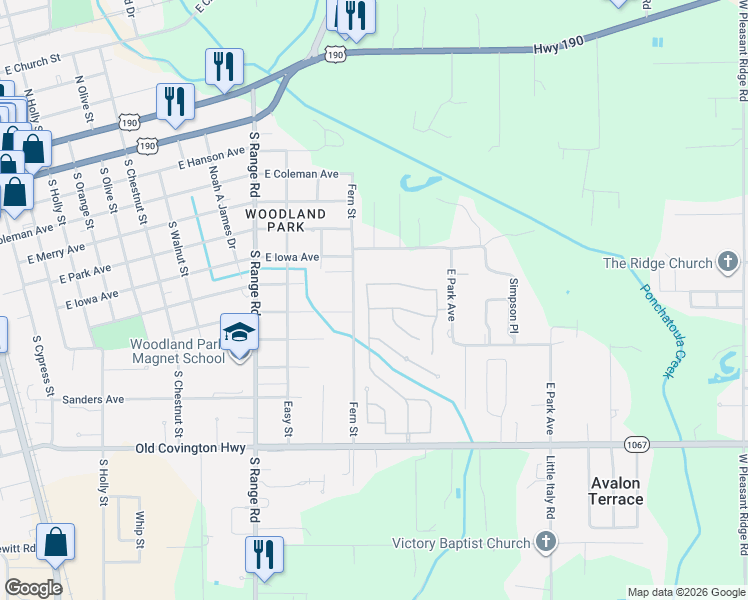 map of restaurants, bars, coffee shops, grocery stores, and more near 44276 Forbes Farm Drive in Hammond