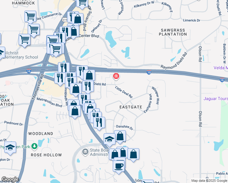 map of restaurants, bars, coffee shops, grocery stores, and more near 2838 Little Deal Road in Tallahassee