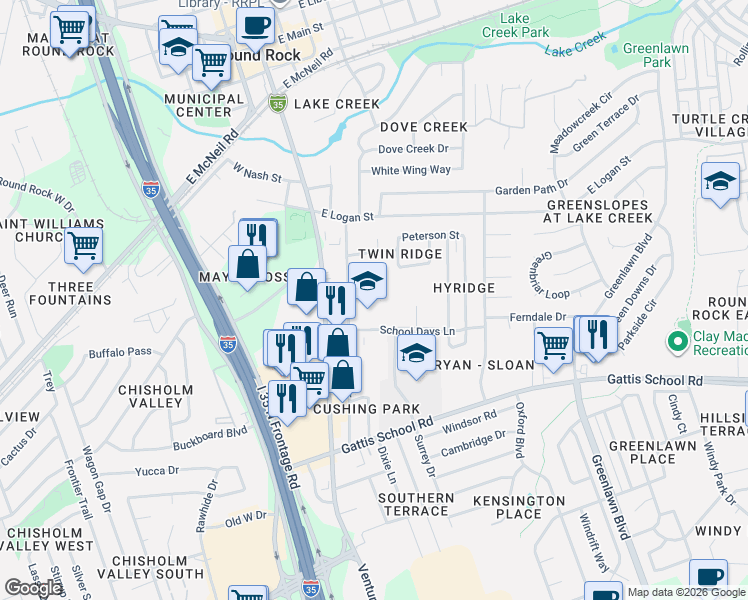 map of restaurants, bars, coffee shops, grocery stores, and more near 1201 Cushing Drive in Round Rock