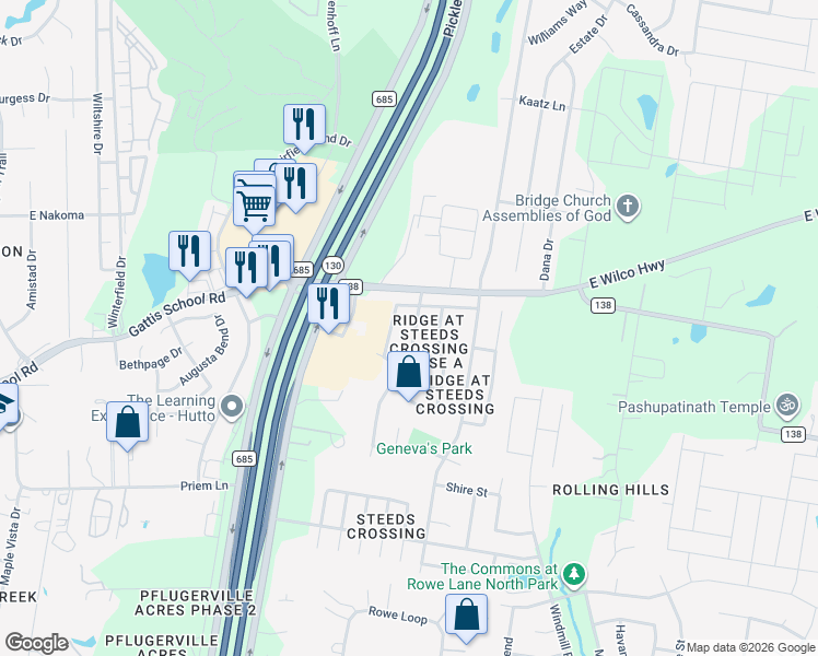 map of restaurants, bars, coffee shops, grocery stores, and more near 21308 Secretariat Ridge Lane in Pflugerville