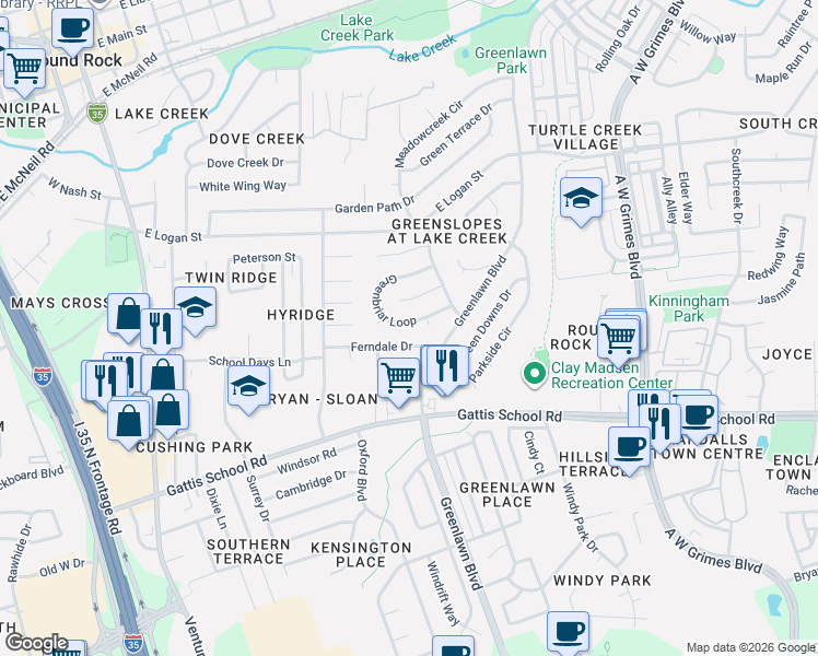 map of restaurants, bars, coffee shops, grocery stores, and more near 1123 Greenbriar Loop in Round Rock