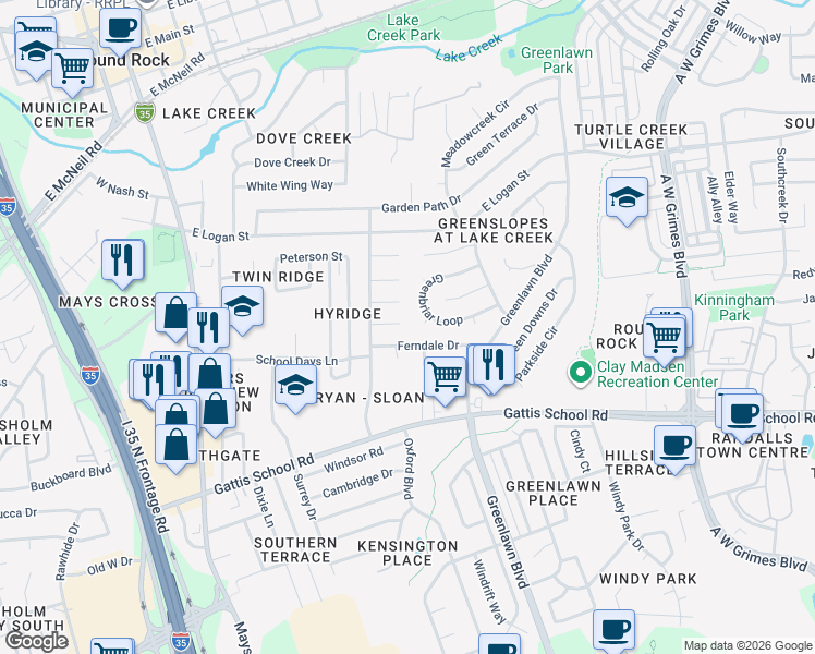 map of restaurants, bars, coffee shops, grocery stores, and more near 902 Fairway Green Cove in Round Rock
