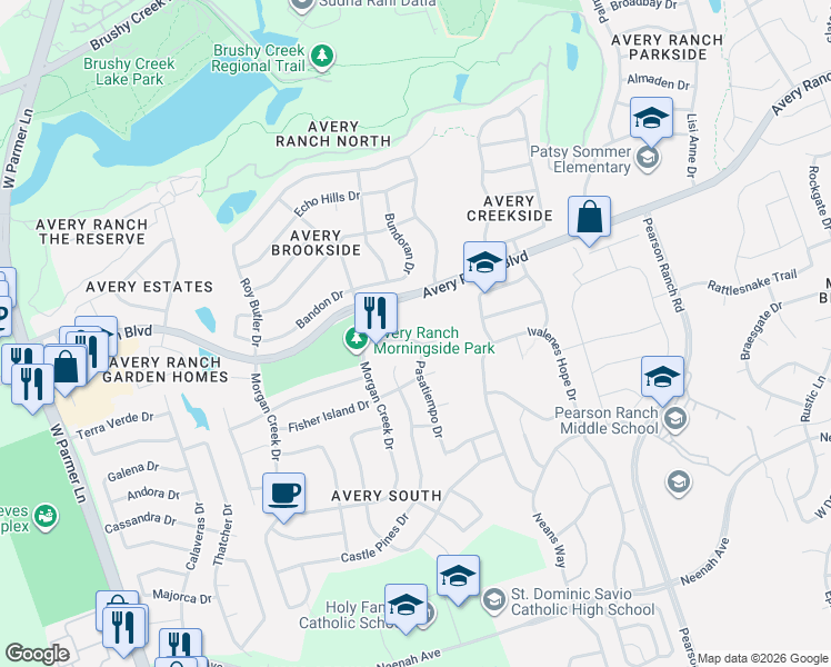 map of restaurants, bars, coffee shops, grocery stores, and more near 15712 Pumpkin Ridge Drive in Austin