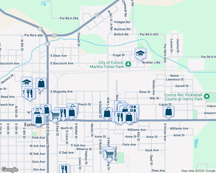 map of restaurants, bars, coffee shops, grocery stores, and more near 500-698 North Martin Luther King Drive in Eunice