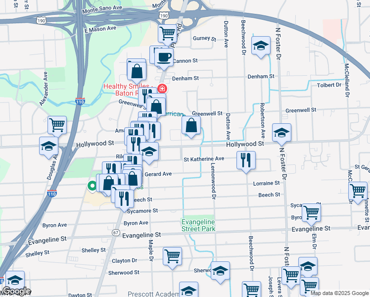 map of restaurants, bars, coffee shops, grocery stores, and more near 4055 Hollywood Street in Baton Rouge