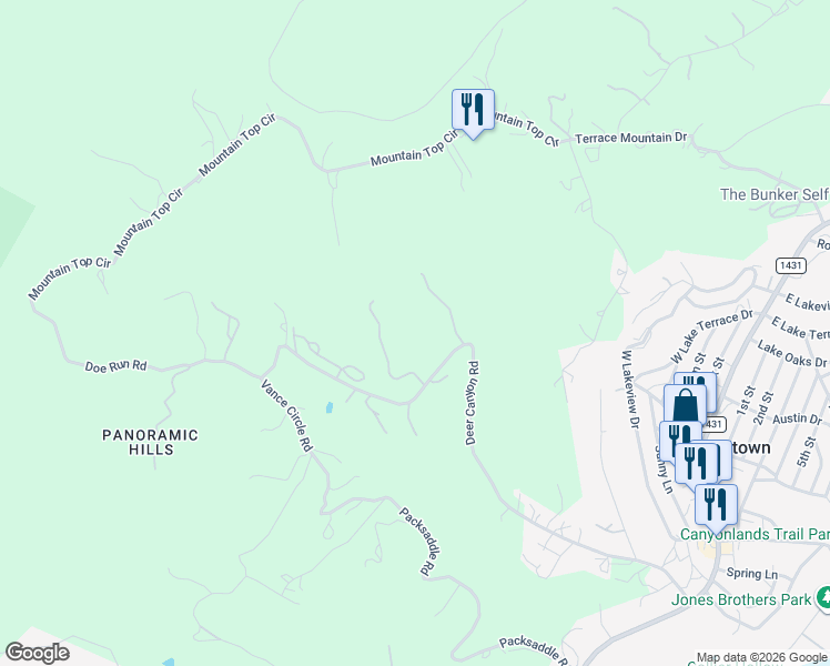 map of restaurants, bars, coffee shops, grocery stores, and more near 10702 Deer Canyon Road in Jonestown