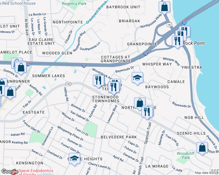 map of restaurants, bars, coffee shops, grocery stores, and more near 7225 Dogwood Terrace Drive in Pensacola