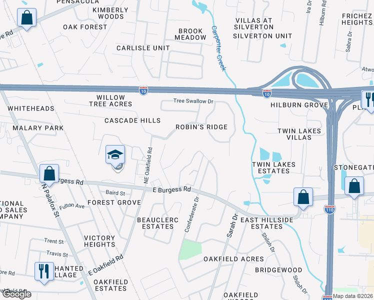 map of restaurants, bars, coffee shops, grocery stores, and more near 136 Redbreast Lane in Pensacola