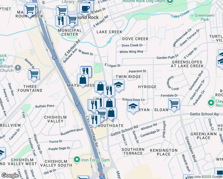 map of restaurants, bars, coffee shops, grocery stores, and more near 1009 South Mays Street in Round Rock