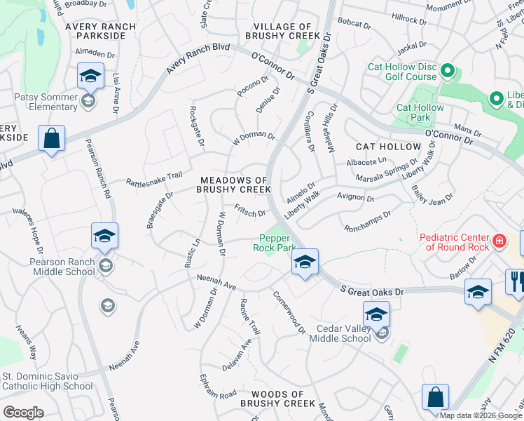map of restaurants, bars, coffee shops, grocery stores, and more near 8706 Fritsch Drive in Austin