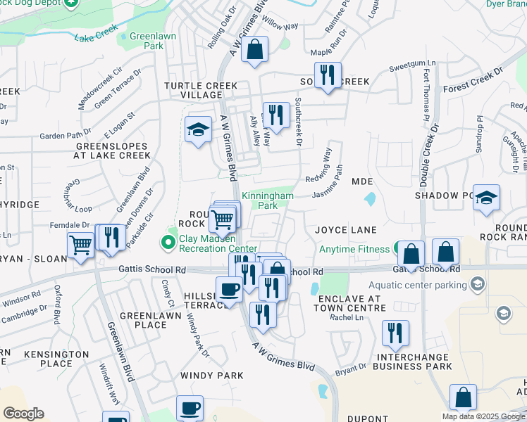 map of restaurants, bars, coffee shops, grocery stores, and more near 1000 Southcreek Drive in Round Rock