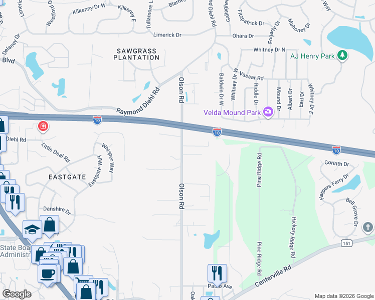 map of restaurants, bars, coffee shops, grocery stores, and more near 3157 Olson Road in Tallahassee