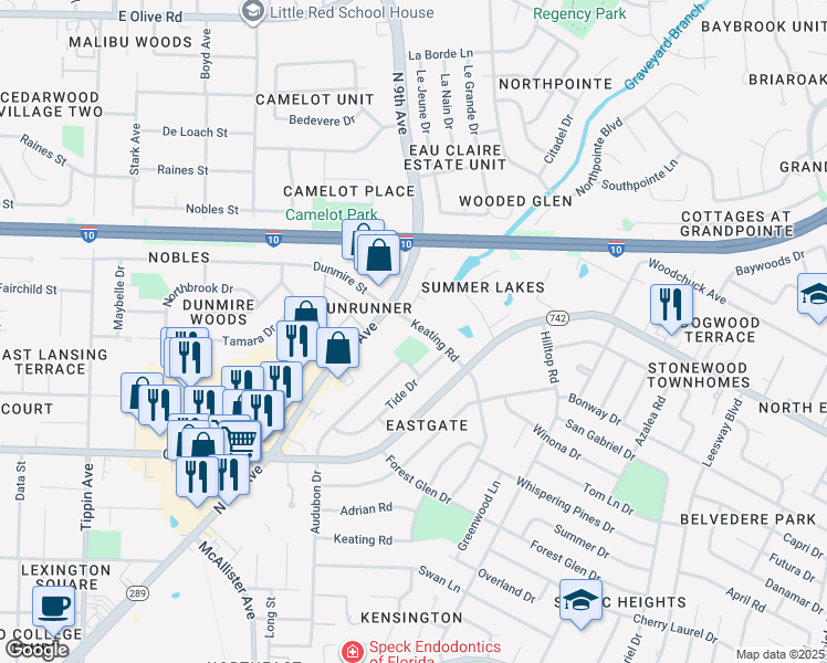 map of restaurants, bars, coffee shops, grocery stores, and more near 6351 Keating Road in Pensacola