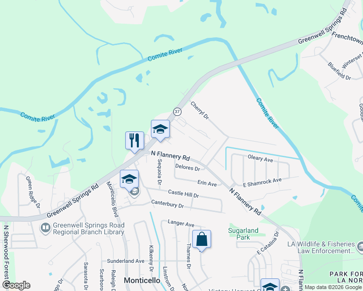 map of restaurants, bars, coffee shops, grocery stores, and more near 12538 Greenwell Springs Road in Baton Rouge