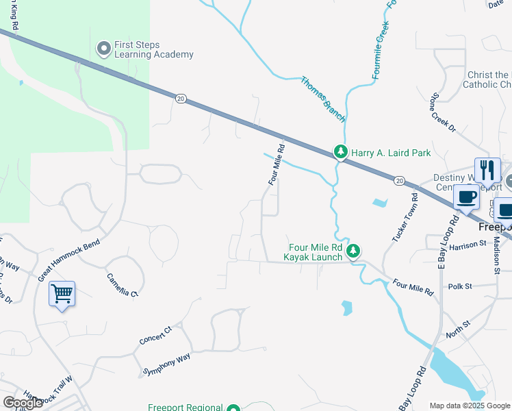 map of restaurants, bars, coffee shops, grocery stores, and more near 248 4 Mile Road in Freeport