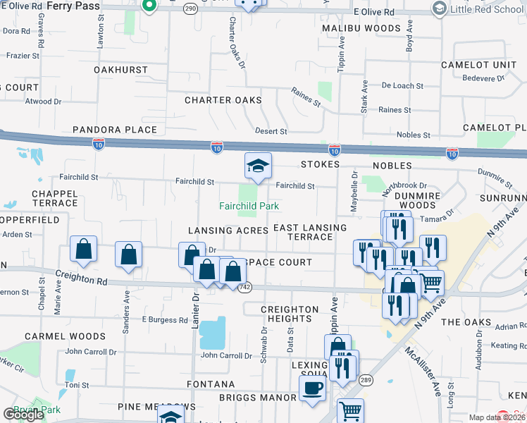 map of restaurants, bars, coffee shops, grocery stores, and more near 7179 Schwab Drive in Pensacola
