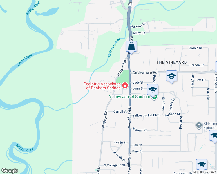 map of restaurants, bars, coffee shops, grocery stores, and more near 1293 North River Road in Denham Springs