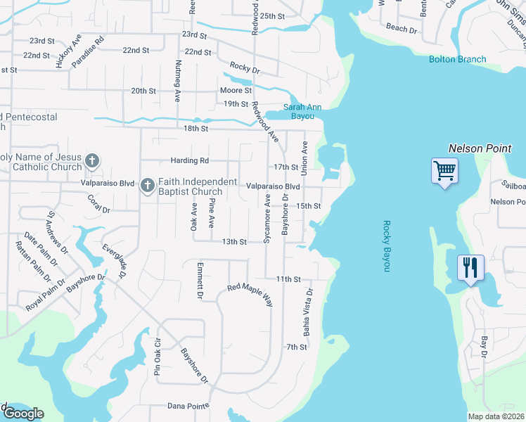 map of restaurants, bars, coffee shops, grocery stores, and more near 1687 Glenwood Court in Niceville