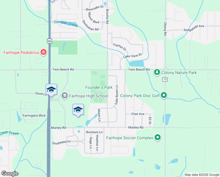 map of restaurants, bars, coffee shops, grocery stores, and more near 18818 Founders Drive in Fairhope