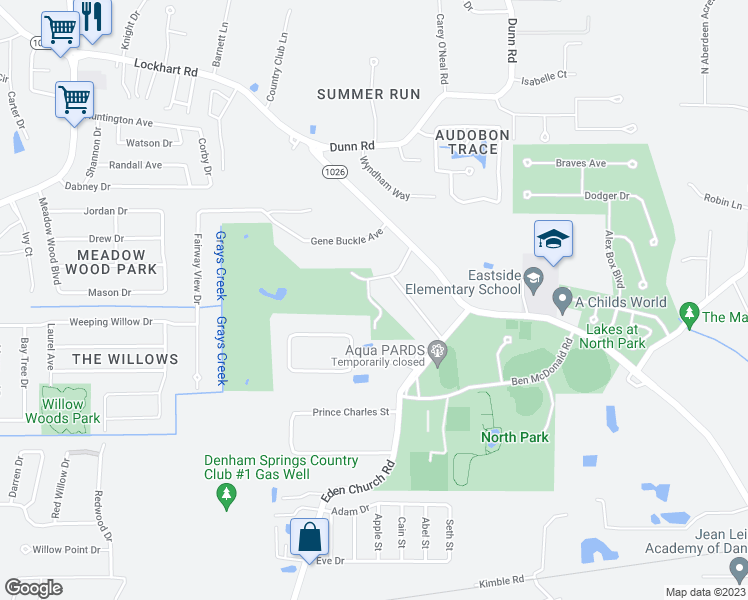map of restaurants, bars, coffee shops, grocery stores, and more near 9900 Country Club Drive in Denham Springs