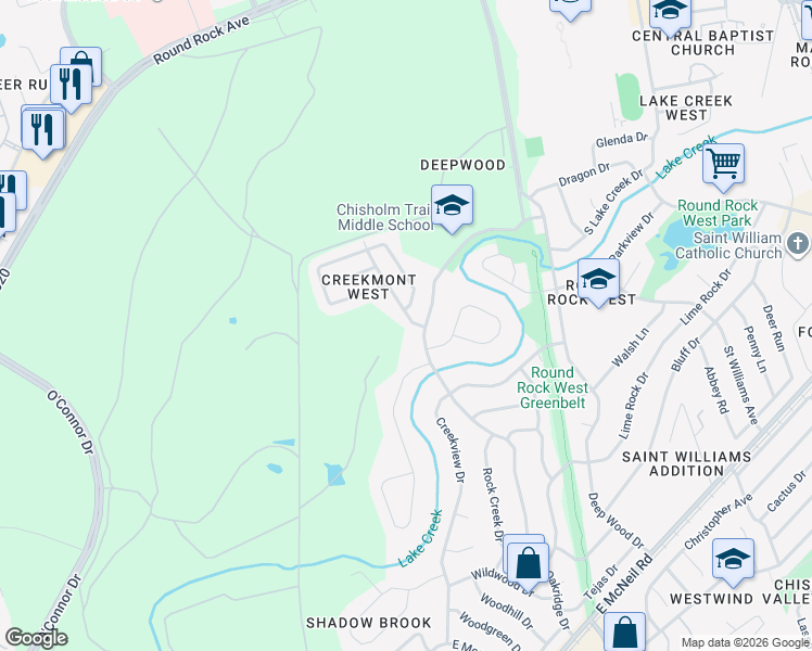 map of restaurants, bars, coffee shops, grocery stores, and more near 602 Creekmont Drive in Round Rock