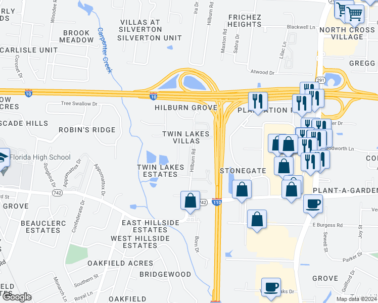 map of restaurants, bars, coffee shops, grocery stores, and more near 6089 Hilburn Road in Pensacola