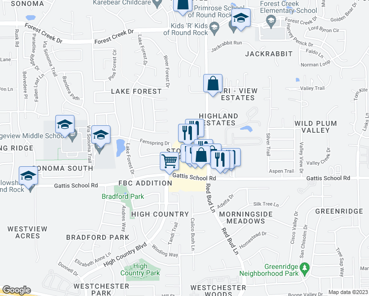 map of restaurants, bars, coffee shops, grocery stores, and more near 3750 Gattis School Road in Round Rock