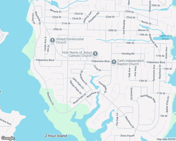 map of restaurants, bars, coffee shops, grocery stores, and more near 302 Island Lane in Niceville