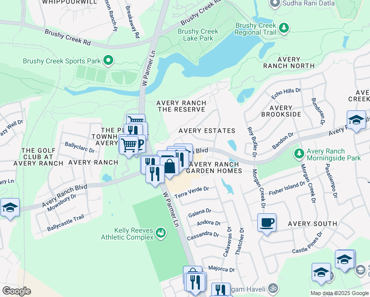 map of restaurants, bars, coffee shops, grocery stores, and more near 10200 Sunningdale Cove in Austin