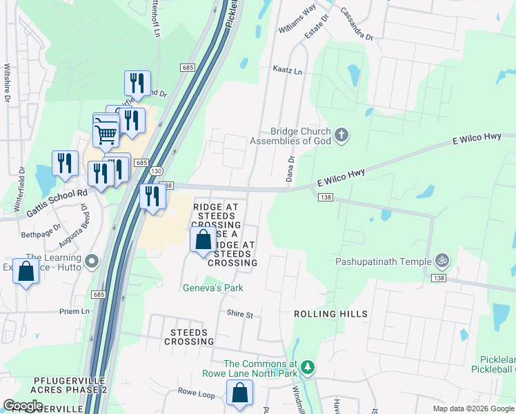 map of restaurants, bars, coffee shops, grocery stores, and more near 21417 Grand National Avenue in Pflugerville