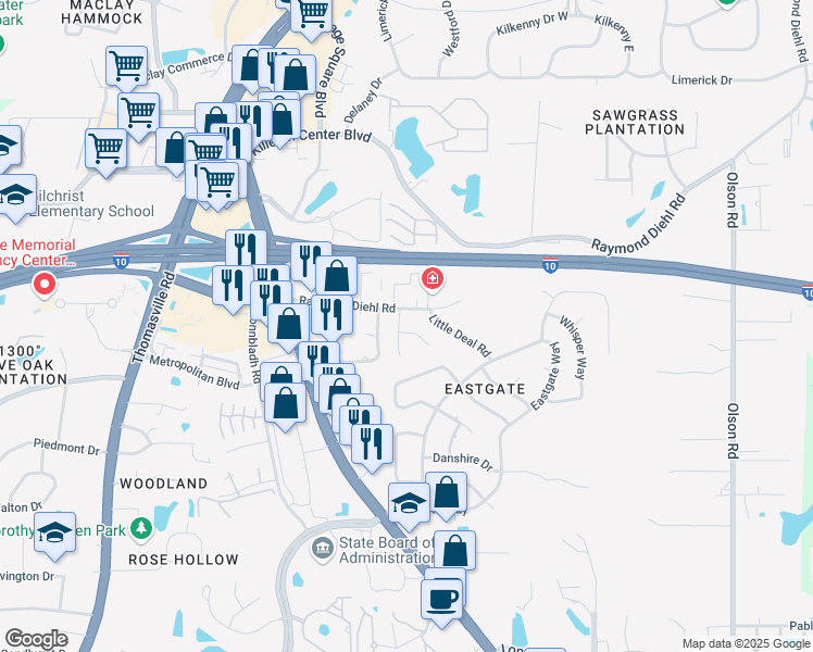 map of restaurants, bars, coffee shops, grocery stores, and more near 2050 Admiral Court in Tallahassee
