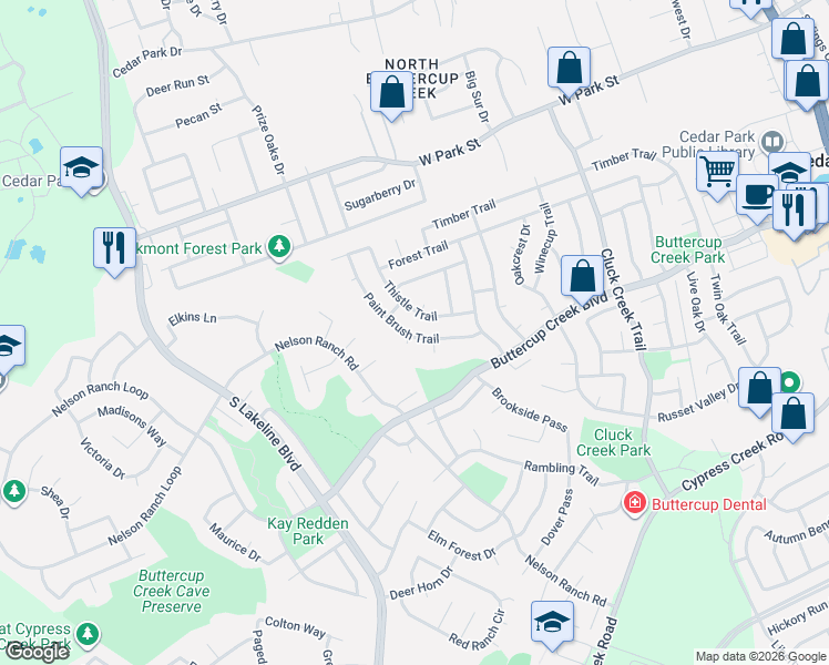 map of restaurants, bars, coffee shops, grocery stores, and more near 1107 Paint Brush Trail in Cedar Park