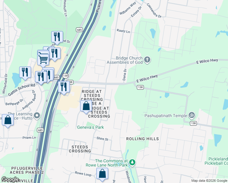 map of restaurants, bars, coffee shops, grocery stores, and more near 21417 Grand National Avenue in Pflugerville