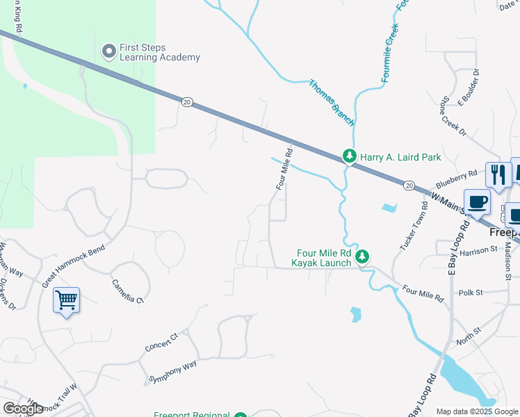 map of restaurants, bars, coffee shops, grocery stores, and more near 248 4 Mile Road in Freeport