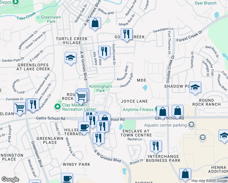 map of restaurants, bars, coffee shops, grocery stores, and more near 2108 Juniper Trail in Round Rock