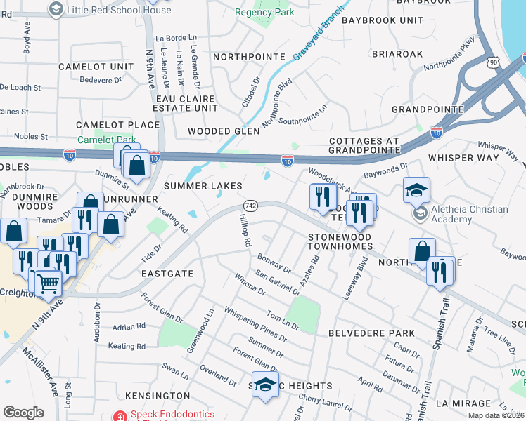 map of restaurants, bars, coffee shops, grocery stores, and more near 3565 Creighton Road in Pensacola