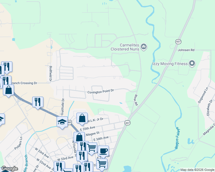 map of restaurants, bars, coffee shops, grocery stores, and more near 520 Covington Point Drive in Covington