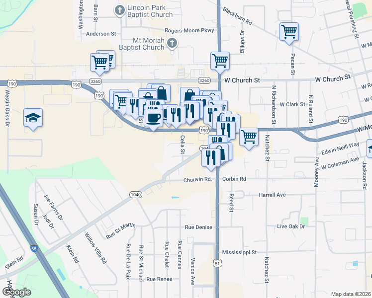 map of restaurants, bars, coffee shops, grocery stores, and more near 200 Celia Avenue in Hammond
