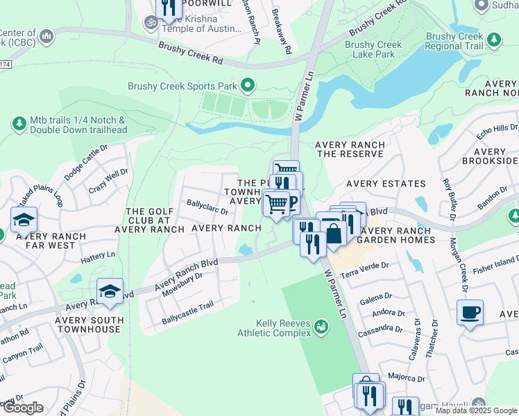 map of restaurants, bars, coffee shops, grocery stores, and more near 10828 Casitas Drive in Austin