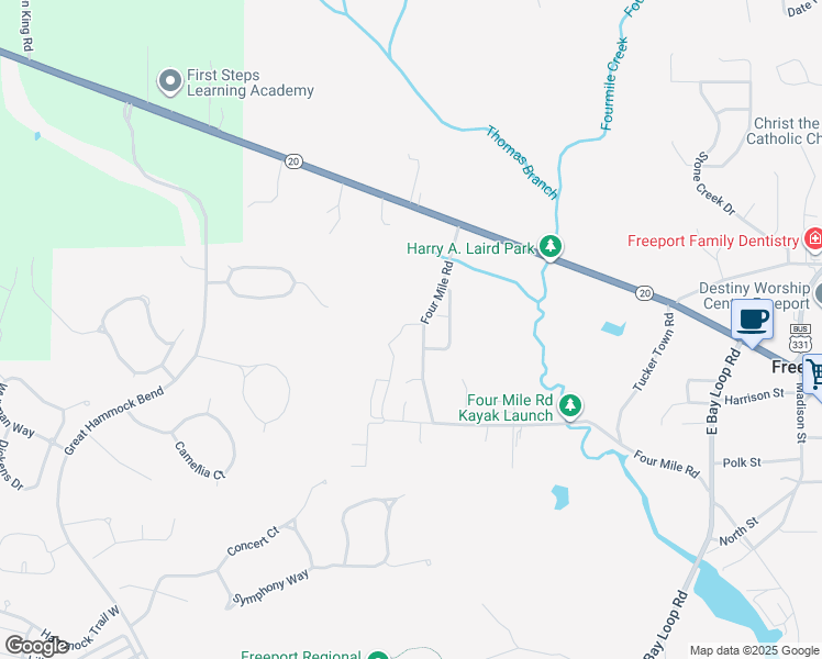 map of restaurants, bars, coffee shops, grocery stores, and more near 248 4 Mile Road in Freeport