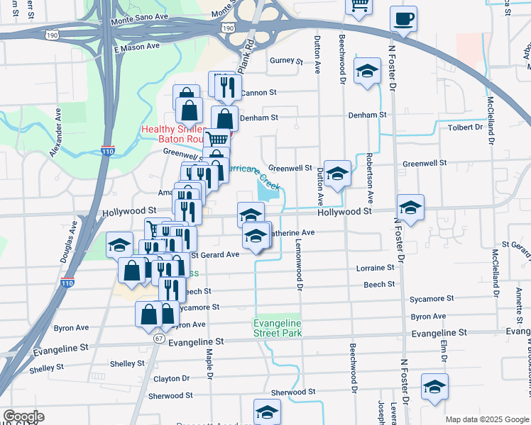map of restaurants, bars, coffee shops, grocery stores, and more near 4055 Hollywood Street in Baton Rouge