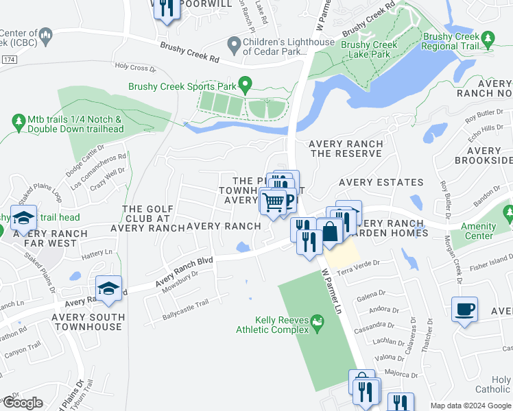 map of restaurants, bars, coffee shops, grocery stores, and more near 10828 Casitas Drive in Austin