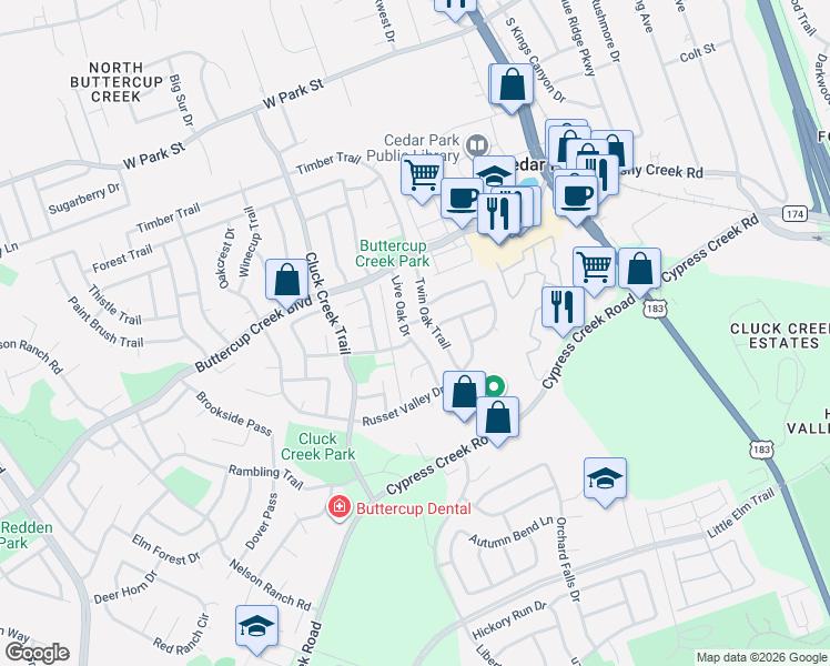 map of restaurants, bars, coffee shops, grocery stores, and more near 610 Live Oak Drive in Cedar Park